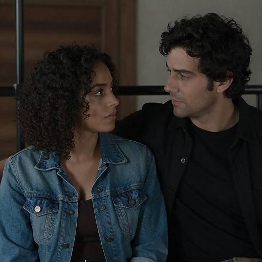 Photograph of a curly-haired black woman in a denim jacket and a dark-haired man in a black shirt, standing close, looking at each other int