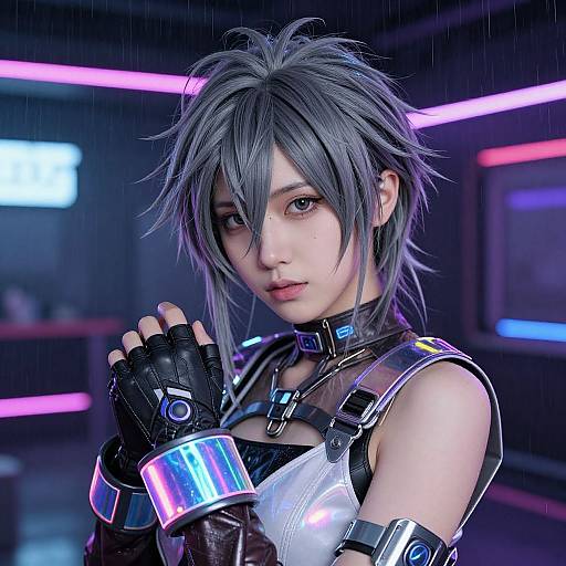Cyberpunk anime girl with silver hair, neon-lit background, wearing futuristic armor, metallic cuffs, and fingerless gloves, gazing intently