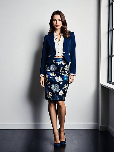 Woman in Tailored Blazer and Floral Pencil Skirt