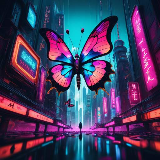 Surreal Cyberpunk Cityscape with Holographic Butterfly Surreal Cyberpunk Cityscape with Holographic Butterfly