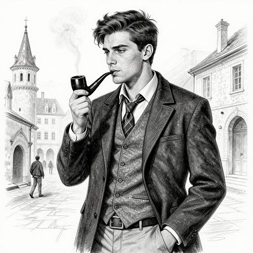 Black-and-white digital drawing of a handsome man in a Victorian-style suit, smoking a pipe, standing in a historic European town square.