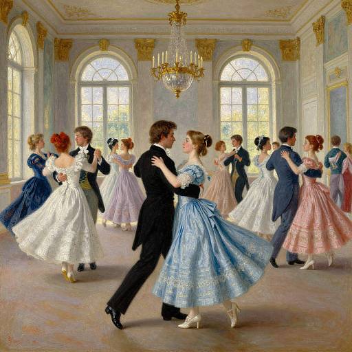 Victorian-style painting of a ballroom dance; elegant couples in colorful, detailed dresses twirl under a crystal chandelier, with large arched windows