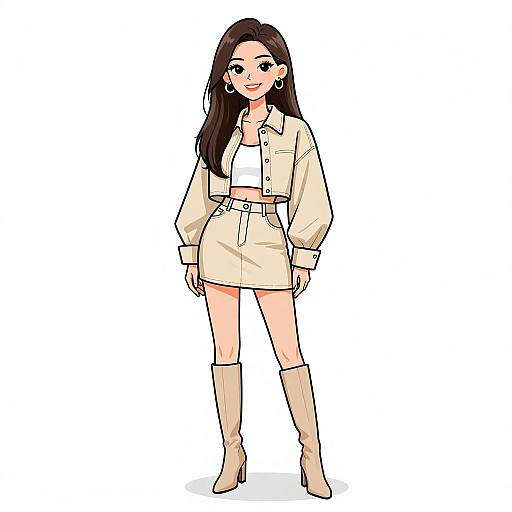 Digital anime-style drawing of a smiling young woman with long dark brown hair, wearing a cream-colored crop jacket, high-waisted shorts, and knee