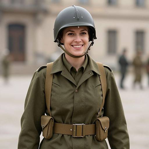 Photograph of a smiling young woman in WWII-era olive green military uniform, black helmet, brown leather straps, and pouches, standing in a blurred