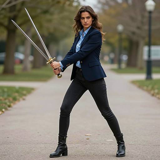Stylish Woman Wielding Swords Outdoors