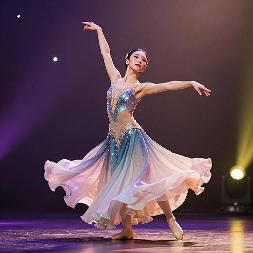 Photograph of a ballerina in a sparkling blue and white dress, elegantly posing on stage with arms extended, under soft purple and yellow stage