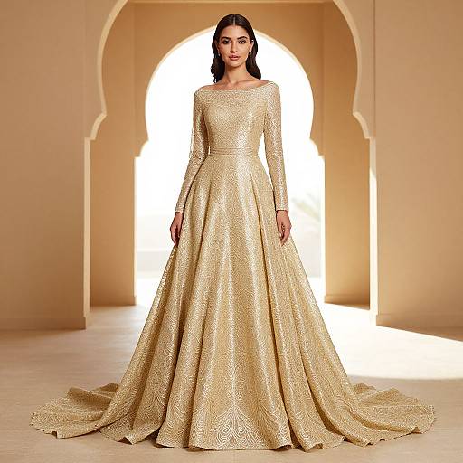 Elegant Dubai-Inspired Golden Lace Gown