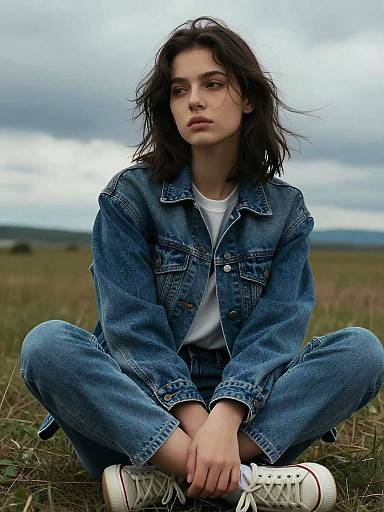 Moody Denim Portrait in Windswept Field