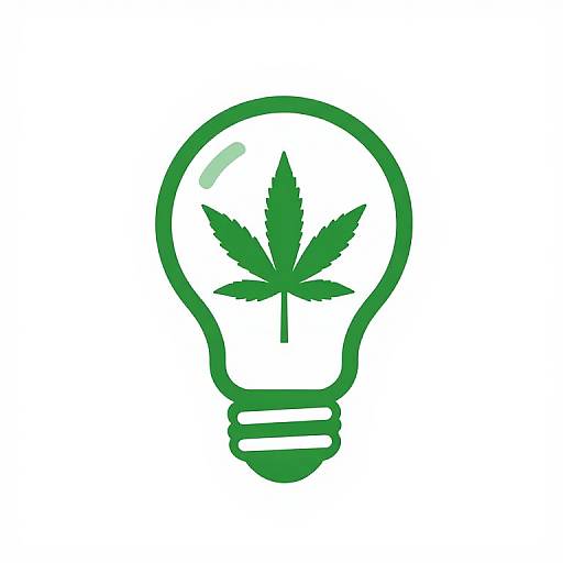 Digital illustration of a green light bulb with a marijuana leaf inside, symbolizing eco-friendly cannabis. Simple, flat design on white background.