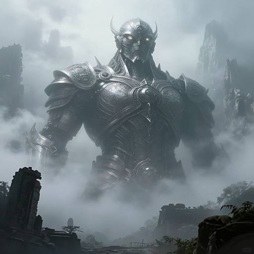 Colossal Metallic Guardian in Mist