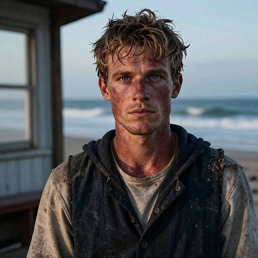Photograph of a dirty, wet, blue-eyed man with messy blonde hair, wearing a torn black vest over a white shirt, standing in front of