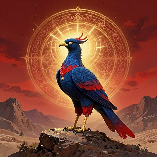Digital artwork of a vibrant blue and red bird with golden talons, standing on a rock under a glowing, intricate celestial circle in a red-orange sky