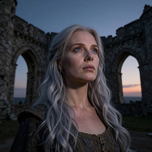 Photograph of a fair-skinned woman with long, wavy silver hair, wearing a dark, ornate dress, standing in a twilight ruins with