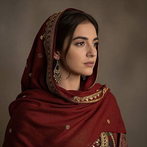 Contemplative Woman in Ornate Headscarf