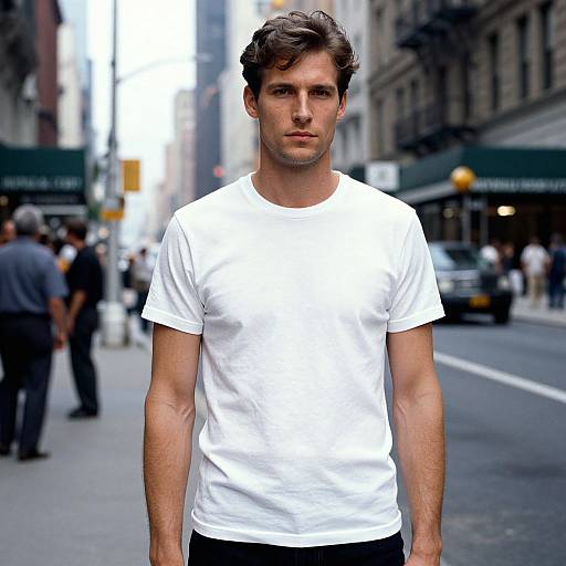 Photograph of a handsome, young man with short brown hair, wearing a plain white t-shirt, standing on a bustling city street. Urban background with