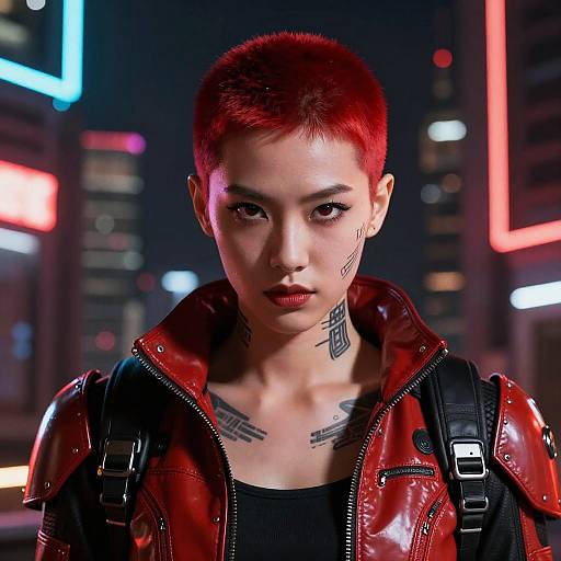 Futuristic Red-Haired Cyberpunk Warrior