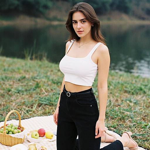 Photograph of a young woman with long brown hair, wearing a white crop top and black pants, standing by a picnic blanket by a lake.