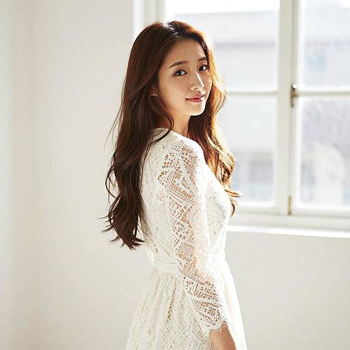 Photograph of a young woman with long, dark brown hair, wearing a white, lace-textured top, smiling softly, standing in bright sunlight near