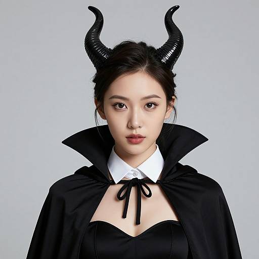 Photograph of an East Asian woman with black devil horns, wearing a black cape, white shirt, and black bow, against a light gray background.
