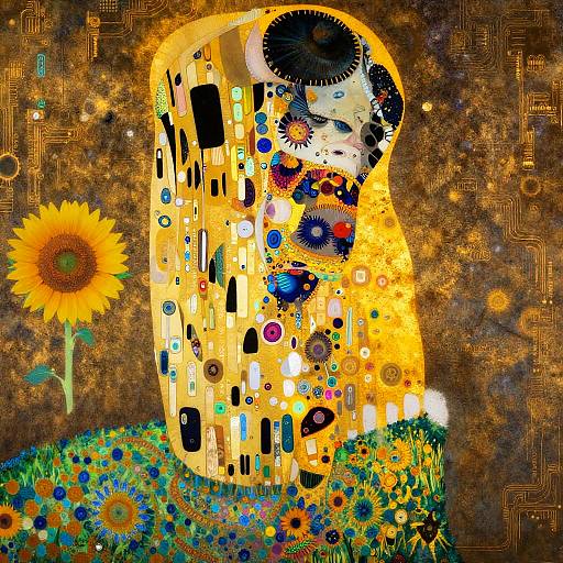 Abstract Surreal Portrait with Sunflowers and Circuitry