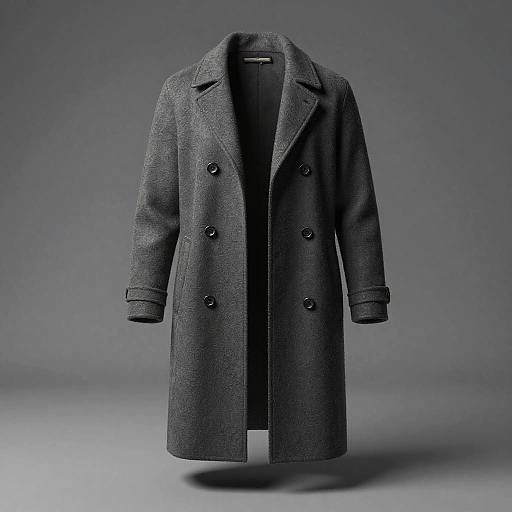 Photograph of a dark gray, double-breasted wool overcoat with black buttons, displayed against a gradient blue-gray background.