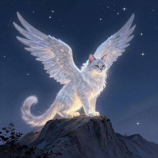 Digital painting of a glowing white winged cat with large, illuminated feathers standing on a rocky peak under a starry night sky.