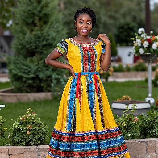 Photograph of a smiling Black woman with short curly hair, wearing a vibrant yellow African-style dress with colorful geometric patterns, standing in a lush garden.