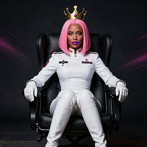 Digital art of a regal, pink-haired woman with purple lipstick, wearing a white military uniform, gold crown, and black leather chair.