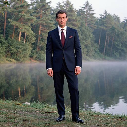 Photograph of a handsome man in a black suit, white shirt, and maroon tie standing by a misty forest lake.
