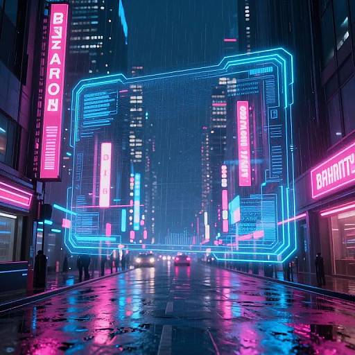 Neon-lit, rainy urban street at night with glowing blue and pink neon signs, including 