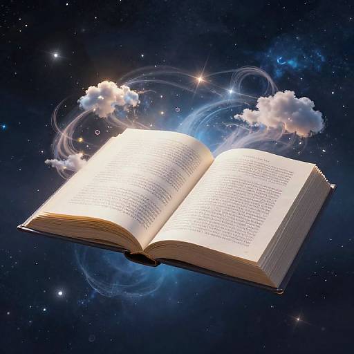 Open book floating in space with glowing pages and wispy clouds, surrounded by stars and nebulae. Magical, ethereal scene.