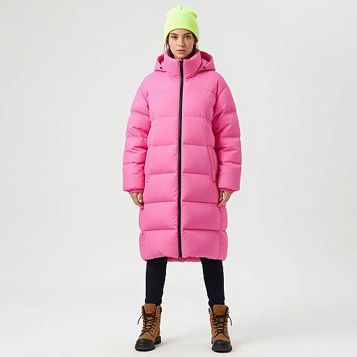 Photograph of a woman wearing a bright pink puffer coat, neon yellow beanie, black pants, and brown lace-up boots against a white background