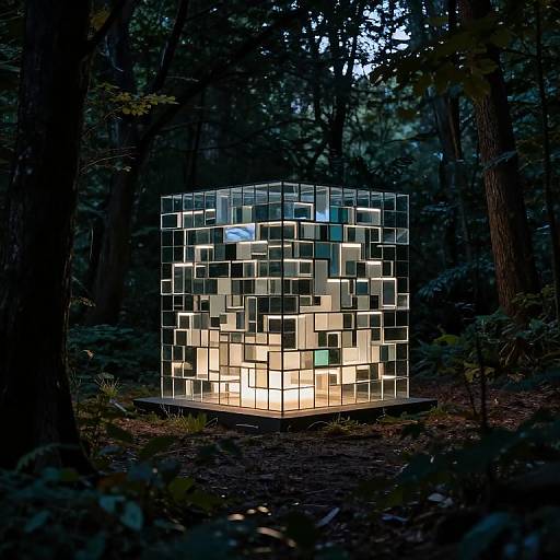 Geometric Glass Cube Sculpture with LEDs