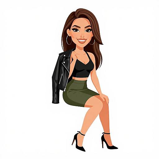 Digital illustration of a smiling woman with long brown hair, wearing a black top, green skirt, black high heels, and leather jacket, sitting against a