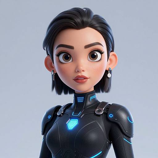 3D CGI portrait of a cute, wide-eyed, dark-haired woman with black futuristic armor and glowing blue accents, against a light blue background.