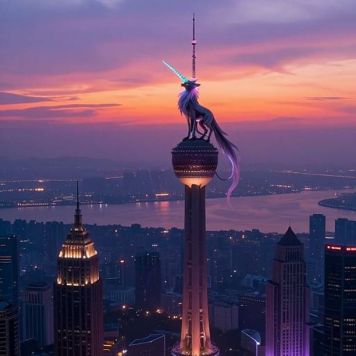 Digital artwork of a glowing unicorn-like creature with a long mane perched on a city skyscraper's top, against a colorful sunset skyline. Urban buildings