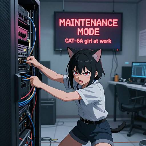 Angry Anime Catgirl Mechanic in Server Room