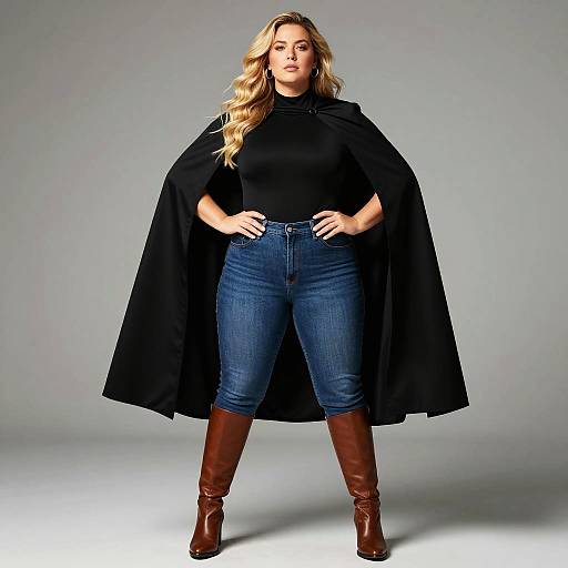 Confident Plus-Size Woman in Black Cape and Jeans