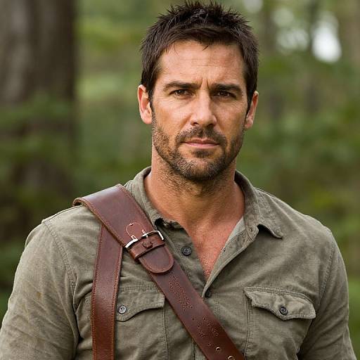 Photograph of a rugged, bearded man with dark hair, wearing a green button-up shirt and brown leather strap, standing in a forest background.