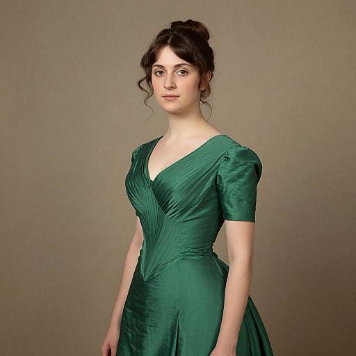 Photograph of a fair-skinned woman with dark, wavy updo wearing a green, short-sleeved, V-neck, pleated Victorian