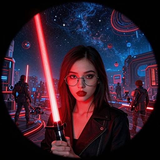 Digital artwork of an Asian woman with glasses, red lipstick, and black leather jacket, holding a glowing red lightsaber in a futuristic, neon-lit