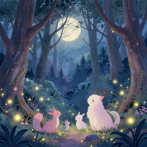 Digital illustration of a magical forest at night. A white, antlered creature sits with two pink rabbits and a white rabbit, surrounded by glowing fire