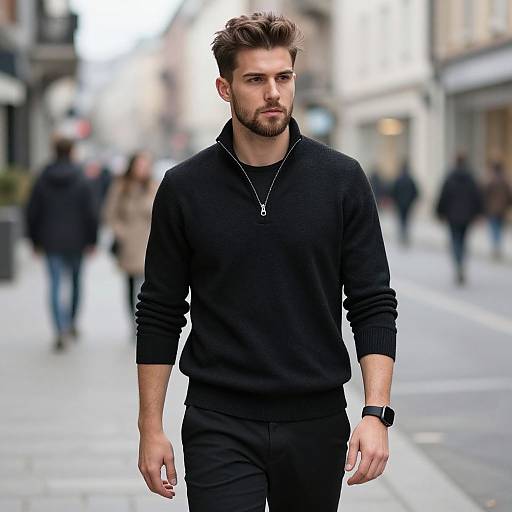 Photograph of a handsome, bearded man with brown hair, wearing a black sweater, black pants, and a watch, walking down a blurred urban