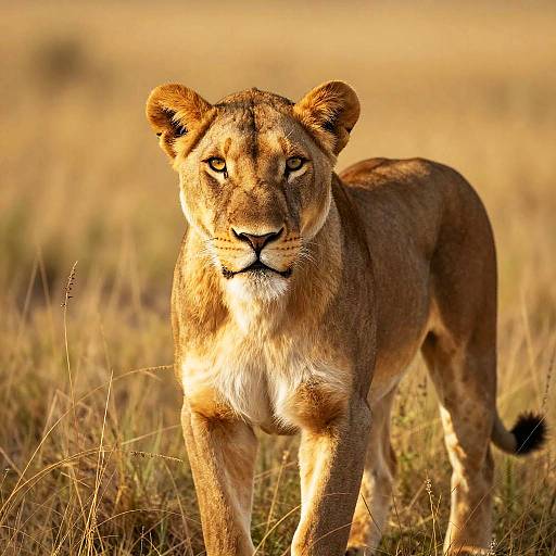 Photograph of a golden-brown lioness standing in a sunlit, dry grassy savanna, looking directly at the camera with intense, focused