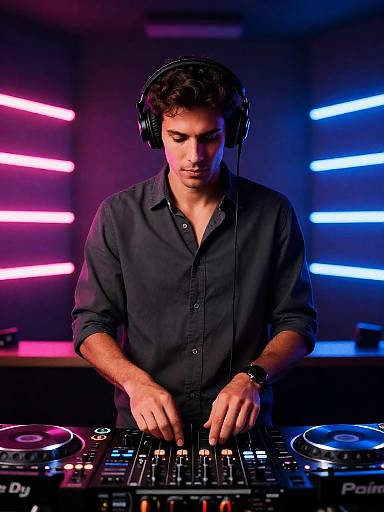 Male DJ Mixing Music in Neon-lit Club