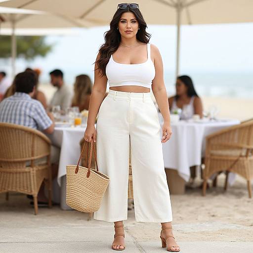 Photograph of a confident woman with long black hair, wearing a white crop top, high-waisted white pants, and beige heels, carrying a