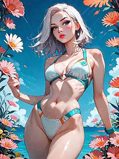 Woman in Sporty Bikini with Flowers