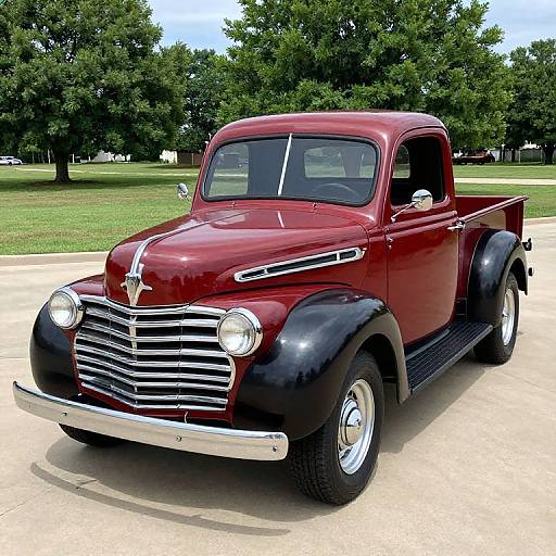 Photograph of a shiny, burgundy vintage truck with black fenders and chrome accents, parked on a concrete driveway in a green, tree-lined park