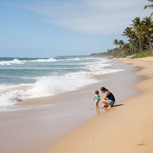 Photorealistic Beach Scene with Mother and Child