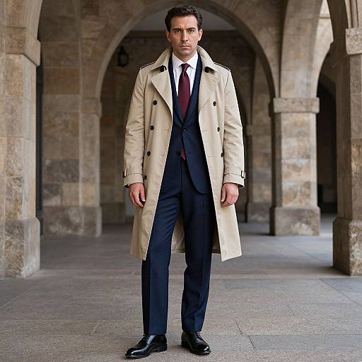 Photograph of a serious, dark-haired man in a beige trench coat, white shirt, black tie, and black trousers, standing in a stone arch